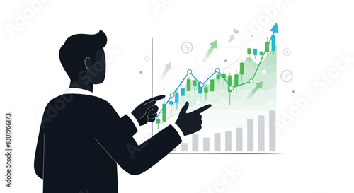 Silhouette of a businessman pointing at a rising stock market graph with financial data and charts