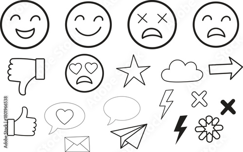 Hand drawn collection of emoticons and symbols for communication and feedback