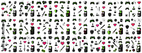 Seamless pattern of retro video game and fantasy elements including controllers, arcade cabinets, RPG items, gambling symbols, swords, shields, and pixel hearts.