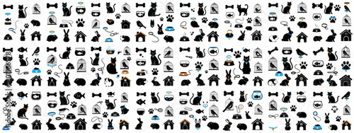 Seamless monochrome pattern of pet silhouettes and accessories, including cats, birds, rabbits, houses, food bowls, and dog bones.