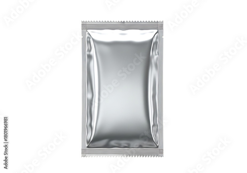Shiny silver foil sachet with sealed edges and textured top and bottom seams isolated on a transparent background