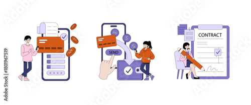 Digital Transactions and Contract Signing Vector Illustration