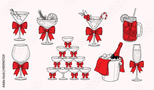 Collection of festive holiday drinks and champagne glasses decorated with red bows for celebrations