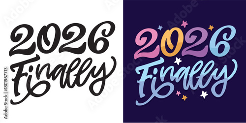 Hello 2026. Merry Christmas and Happy New 2026 Year - cute hand drawn doodle lettering postcard.  Holly Jolly, Tis the season.