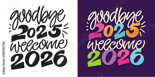 Hello 2026. Merry Christmas and Happy New 2026 Year - cute hand drawn doodle lettering postcard.  Holly Jolly, Tis the season.