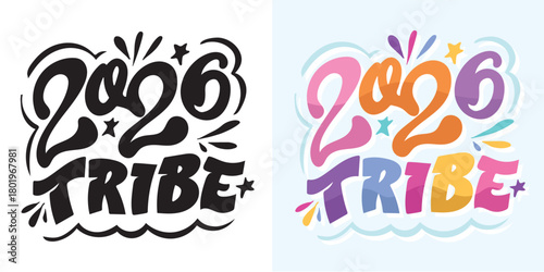 Hello 2026. Merry Christmas and Happy New 2026 Year - cute hand drawn doodle lettering postcard.  Holly Jolly, Tis the season.