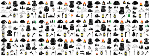 Camping and Hiking Seamless Pattern: Vector Icons of Outdoor Adventure Gear, Tents, Campfires, Boots, Mountains, and Compasses on White.