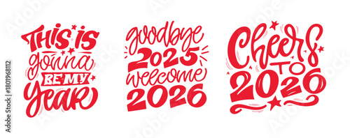 Hello 2026. Merry Christmas and Happy New 2026 Year - cute hand drawn doodle lettering postcard.  Holly Jolly, Tis the season.