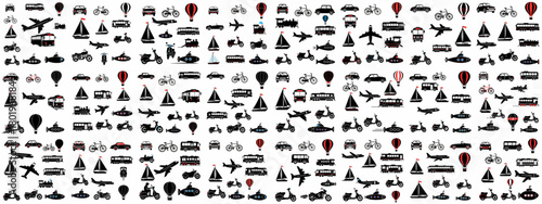 Vector background pattern showcasing a variety of transportation modes, including air, land, and sea vehicles.
