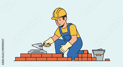Cartoon construction worker laying bricks flat vector.