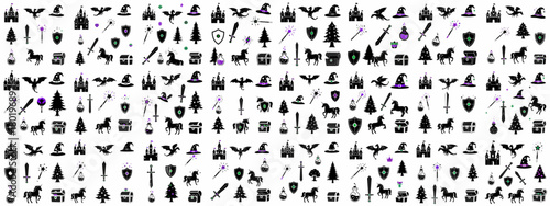 Black and Purple Fantasy Seamless Pattern with Medieval, Magic, and Mythical Creature Icons: Castle, Dragon, Unicorn, Wand, and Sword.