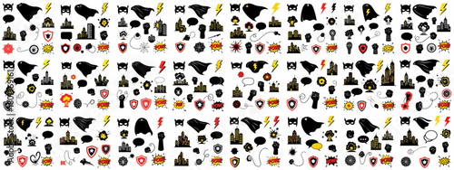 Seamless pattern of superhero silhouettes and comic book icons: masks, capes, lightning, cityscapes, fists, shields, and "POW!" action effects vector texture background.
