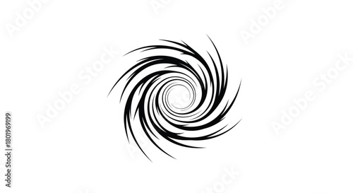 Abstract black ink brush stroke vortex spiral on a clean white background