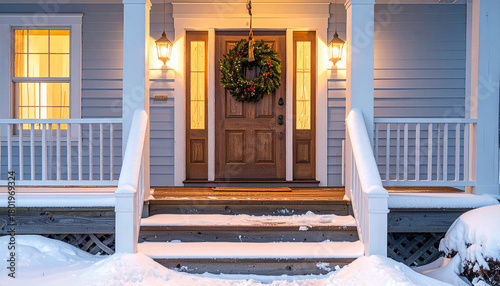Front porch with snow and holiday wreath decoration