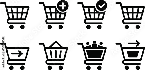 Black Glyph Icons Set for E-commerce, Shopping, and Checkout: Cart, Add, Success, and Purchase Symbols
