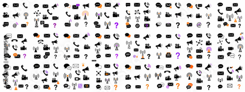Seamless pattern of black and colored communication icons: chat, email, phone, video, broadcast, and network symbols for technology and contact services.