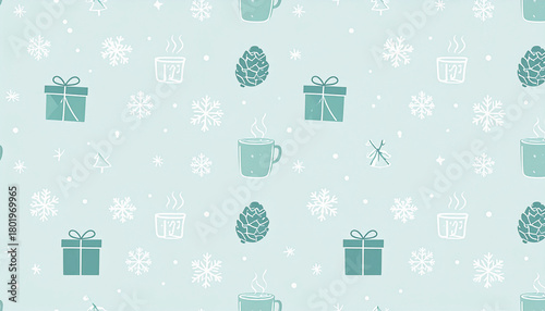 Winter themed pattern with gifts and snowflakes