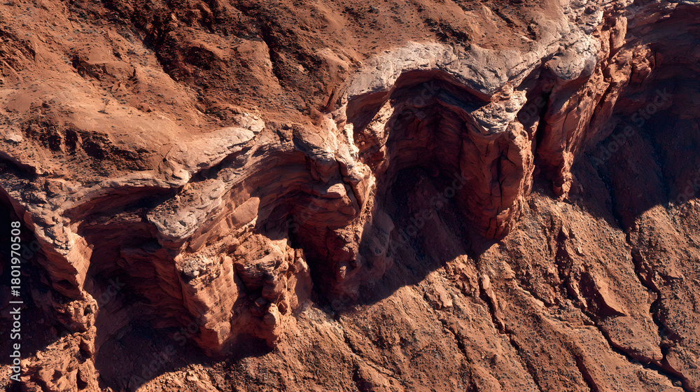 Obraz premium Red Rock Formations: A close-up shot captures the raw beauty of layered, weathered red rock formations. The textures, colors, and shadows evoke a sense of the earth's timeless artistry.