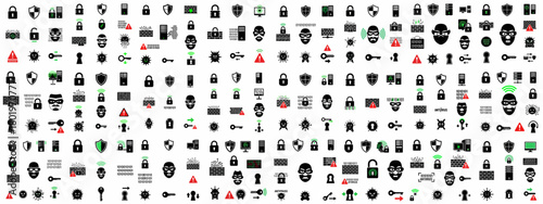 A large set of black and white icons illustrating digital security, data protection, hacking threats, viruses, firewalls, and cyber defense concepts.