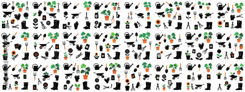 Seamless pattern of black, orange, and green gardening icons including tools, boots, wheelbarrow, watering can, and potted plants on a white background.