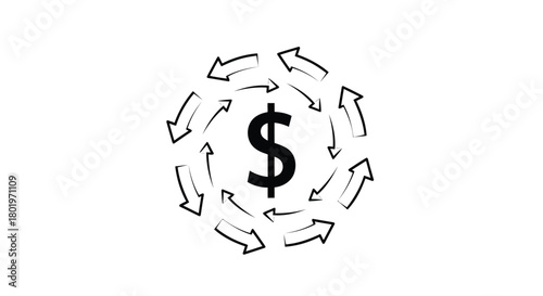 Dollar sign at the center of a circular arrow pattern representing financial flow and economic cycles