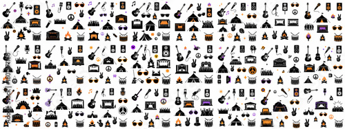 Music Festival and Concert Seamless Pattern with Icons of Guitar, Microphone, Stage, Tent, Campfire, Crowd, and Peace Signs.
