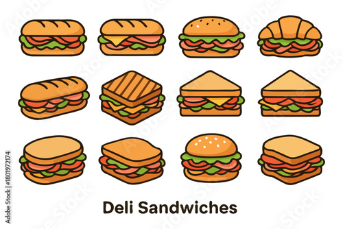 Assorted deli sandwiches: variety of breads and fillings.