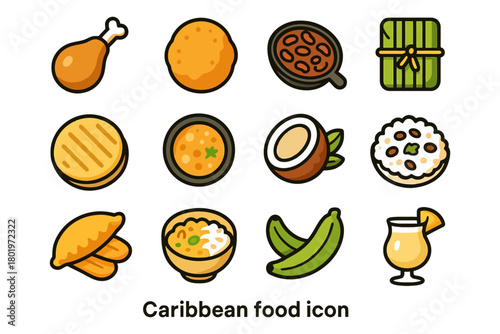 Colorful caribbean food icons featuring traditional dishes and ingredients.