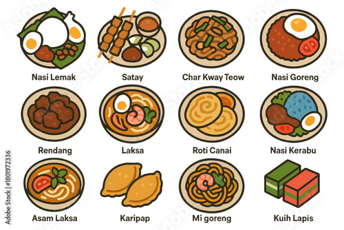 Assorted traditional malaysian dishes including nasi lemak and laksa.
