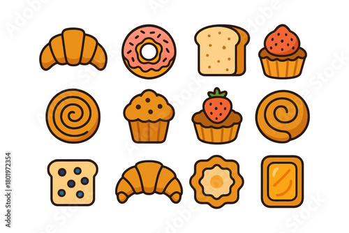 Collection of various pastries and baked goods in icon set.