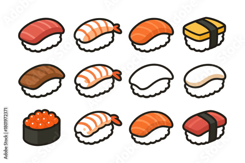 Assorted sushi illustrations featuring nigiri and makizushi variations on white background.