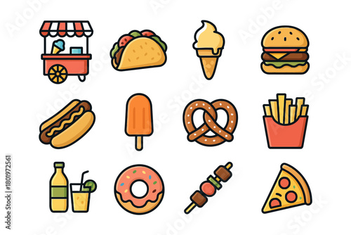 Colorful cartoon street food icons featuring snacks and treats.