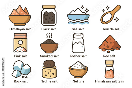 Variety of salts: himalayan, black, sea, fleur de sel, and more illustrated.