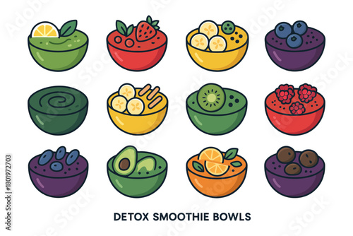 Colorful detox smoothie bowls with fruits and berries assortment.