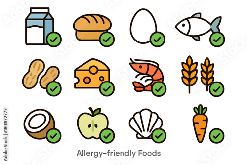 Allergy-friendly foods icons: dairy, bread, egg, fish, peanuts, cheese, shrimp, wheat, coconut, apple, shellfish, carrot.