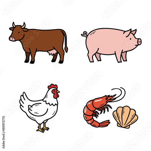 牛・豚・鶏・シーフードのアイコンセット