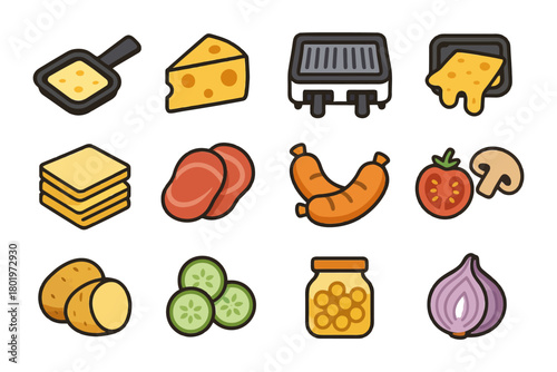 Cheese and food icons set featuring grater and grill.