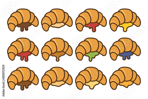 Assorted cartoon croissants with colorful fillings.