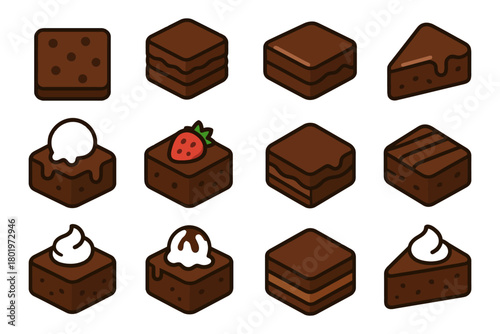 Assorted cartoon brownies with toppings including ice cream and strawberry.