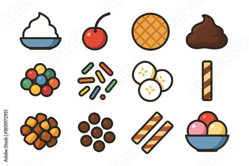 Assorted dessert toppings with icons of whipped cream, cherry, and chocolate.