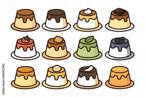 Assorted puddings: sweet toppings on creamy desserts in variety of flavors.