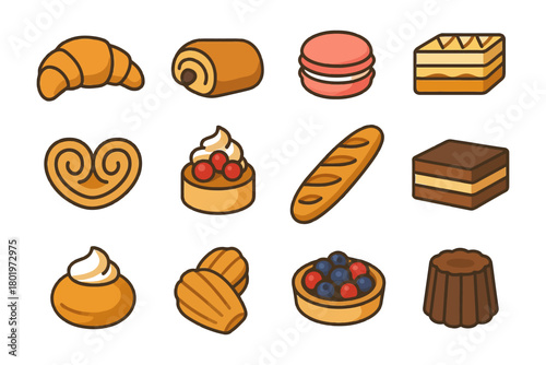 Variety of delicious french pastries and desserts icons set.