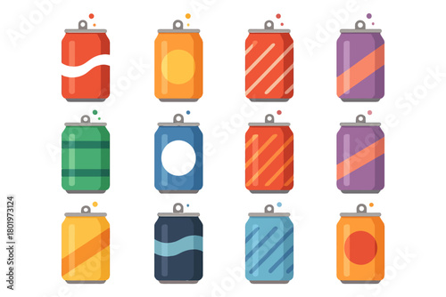 Colorful assorted soda cans in flat design style set.