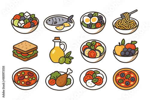 Colorful illustrations of diverse mediterranean dishes and fresh ingredients in bowls.