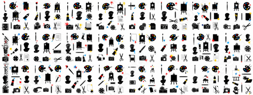 Art and Creativity Tools Seamless Vector Pattern: Repeating Icons of Painting Palettes, Easels, Cameras, Film Reels, and Classical Busts.