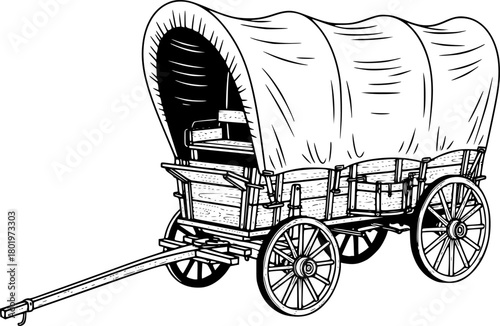 An intricate  vector of  covered wagon, set against a stark white background