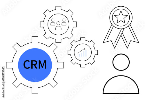 Gears featuring CRM, team collaboration icon, and performance graph amidst a person figure and award badge. Ideal for CRM, teamwork, strategy, productivity, analytics, customer engagement business