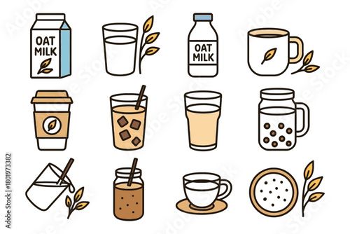 Various oat milk and beverage illustrations.