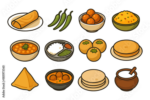 Assorted indian dishes: samosa, chutney, curry, rice, paratha, papadum.