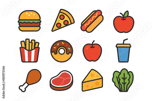 Colorful assorted fast food and fresh produce icons.